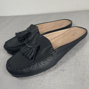 J. Jill Pebbled Leather Kilt Tassel Flats Loafers Black Mule 9.5 M Comfort Shoes